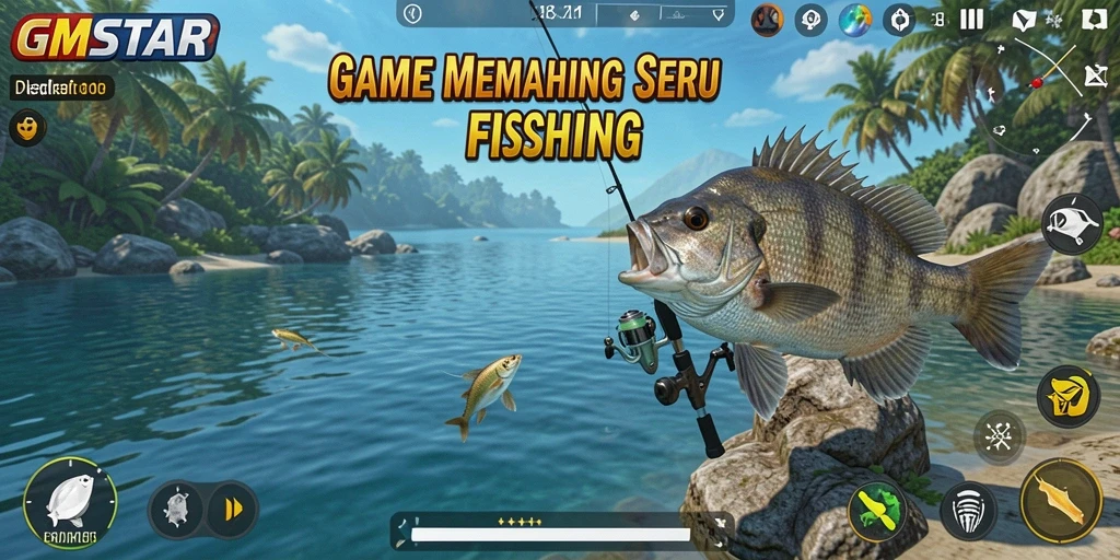 Screenshot gameplay GMSTAR menampilkan aktivitas memancing yang seru dan menantang.