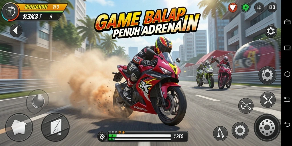 Tampilan gameplay K3K3 dengan aksi balapan motor yang seru.