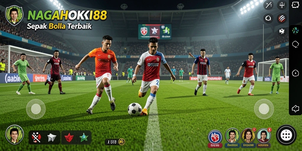 Tampilan gameplay NAGAHOKI88 yang mendebarkan dengan suasana pertandingan sepak bola.