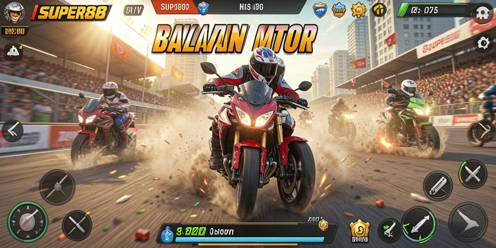 Tangkapan layar gameplay thrilling dalam balapan motor SUPER88.